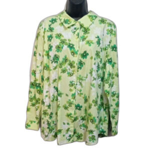 Susan Graver Shirt Size 20W Green Floral Button Down Casual Cotton Top Vibrant